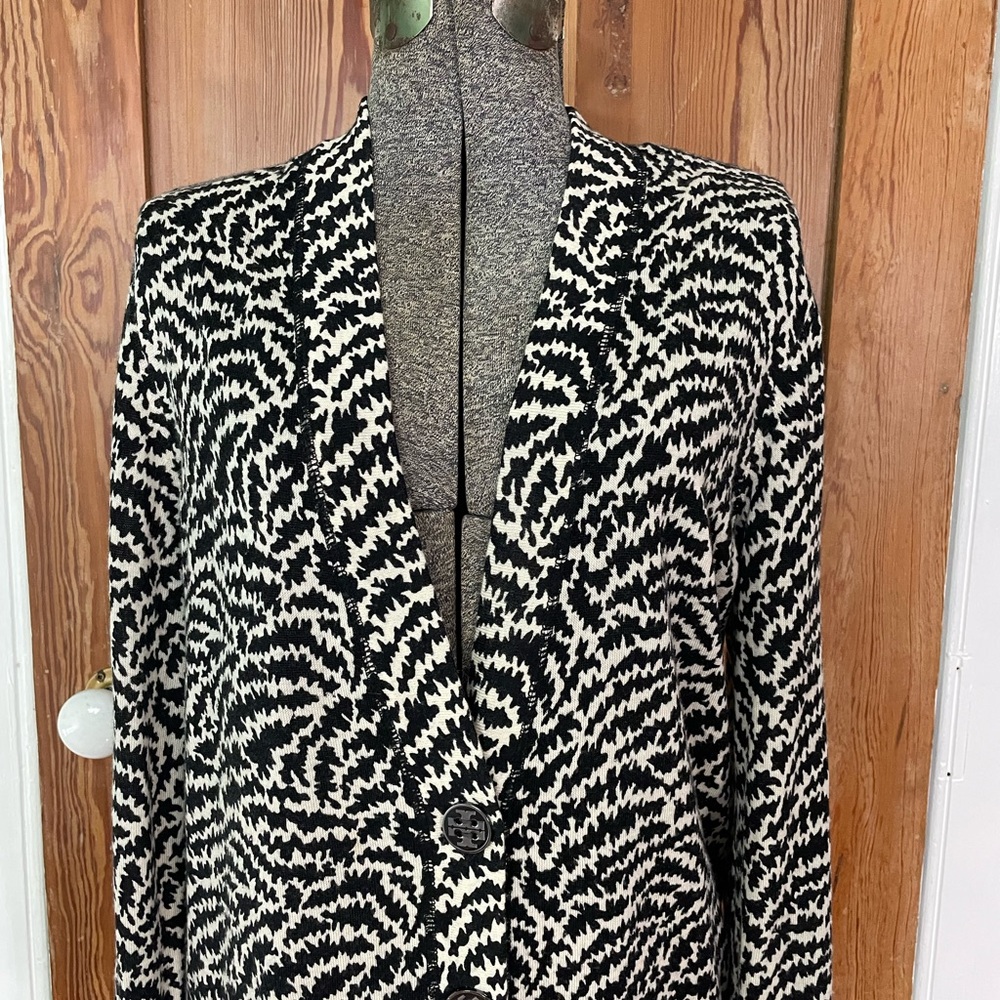 Tory Burch Simone Boyfriend Merino Wool Black & White Cardigan - Size Medium - Picture 3 of 11